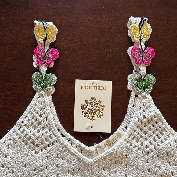 Brand New Rebellion Again Cream Crochet Tank Top Boho Crop Butterfly Cotton - Picture 4 of 15